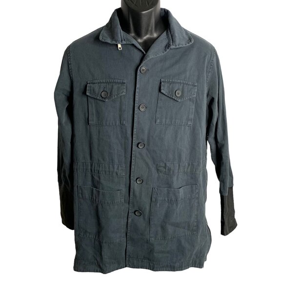 JET John Eshaya Utility Jacket M Blue Leather Cuffs Buttons Pockets Collared